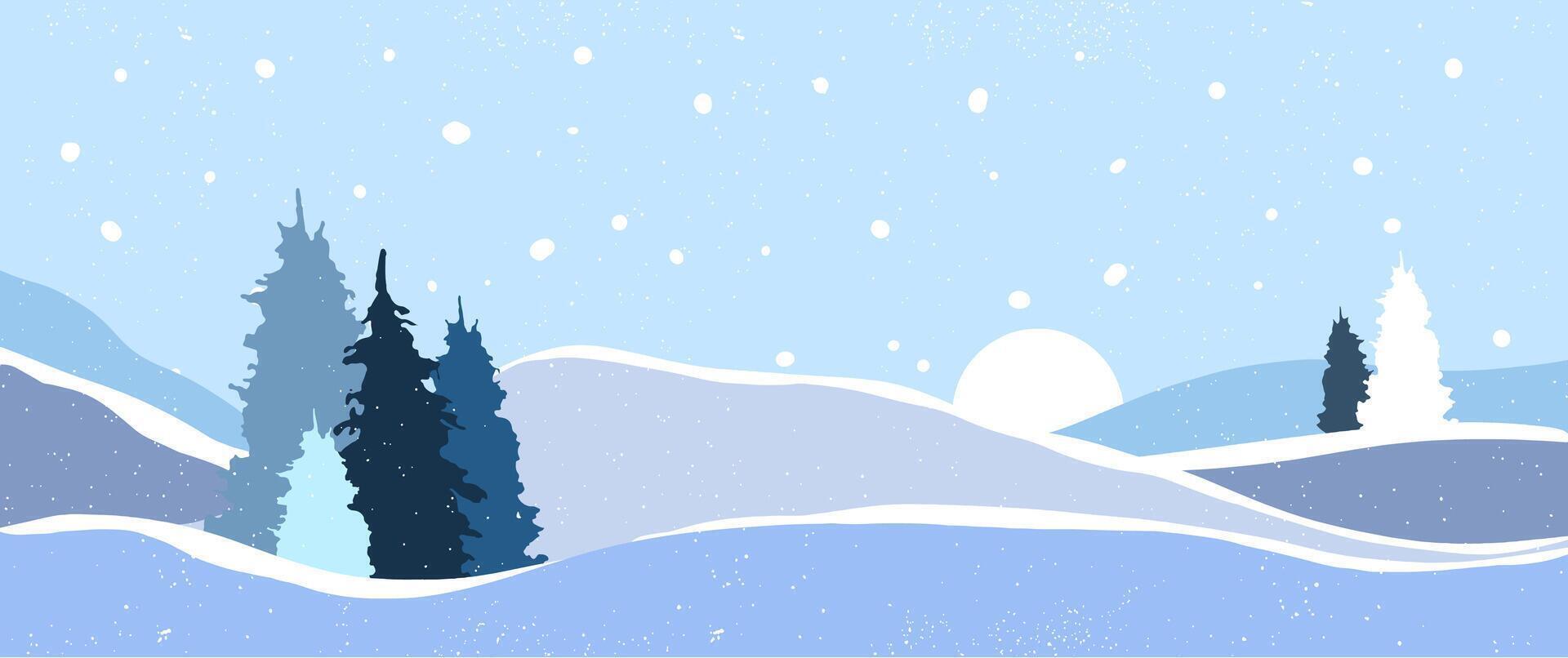 Flat winter banner landscape with silhouettes of trees, hills and mountains with falling snow, Christmas scene, panorama, horizon, fir tree, cold weather, Northern vector
