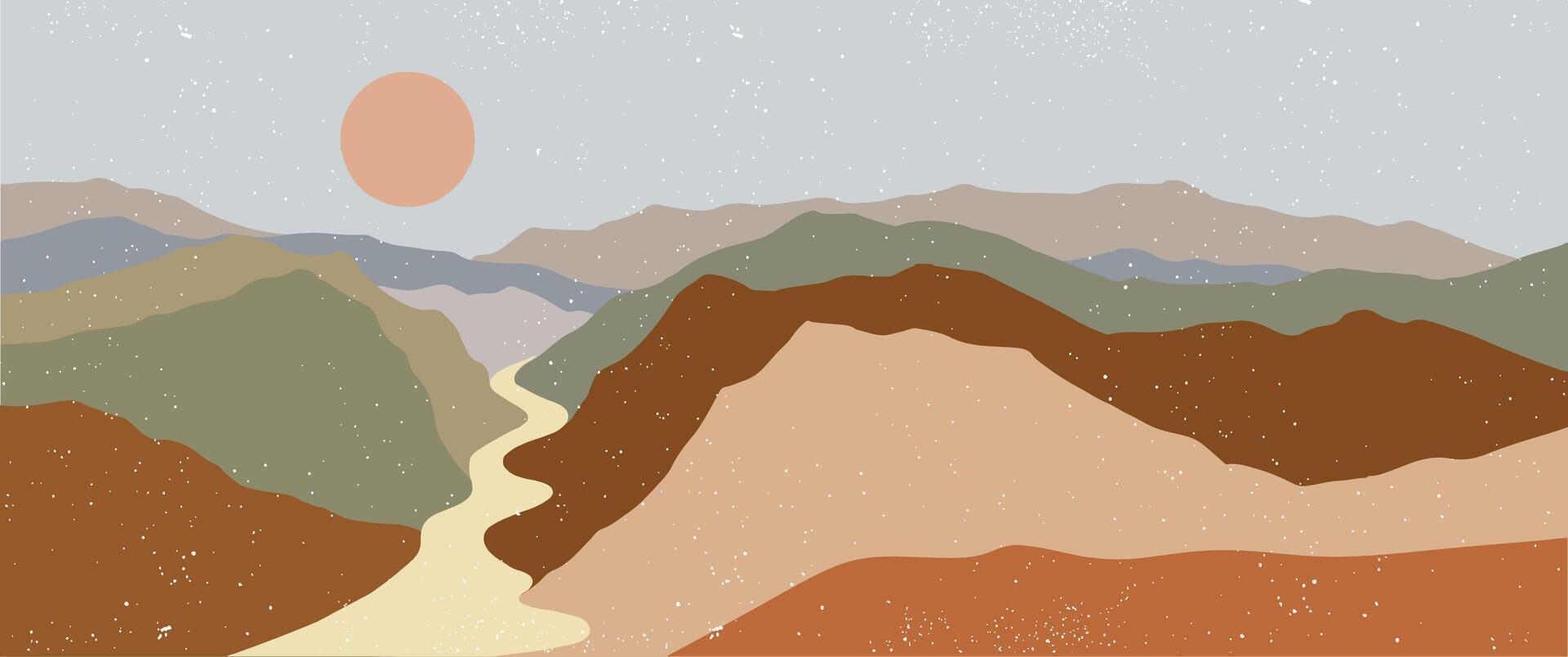Mountains, sand, desert, sun, hot weather banner flat illustration with mountain road and plant leaf silhouette, landscape, horizon, ecological, nature vector