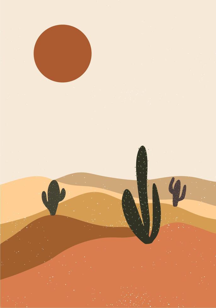 Mountains, sand, desert, sun, hot weather poster flat illustration with cacti, landscape, horizon, ecological, nature vector
