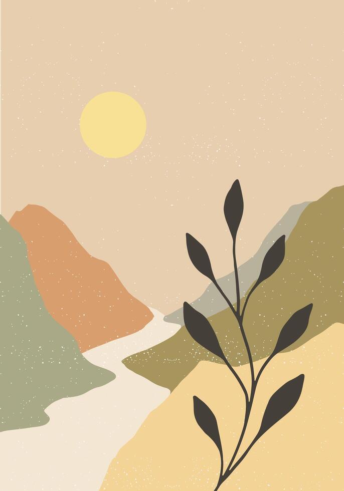 Mountains, sand, desert, sun, hot weather poster flat illustration with mountain road, and plant leaf silhouette, landscape, horizon, ecological, nature vector