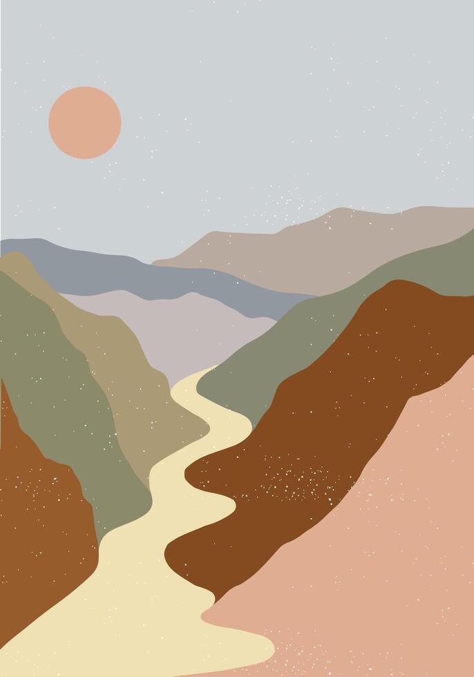 Mountains, sand, desert, sun, hot weather poster flat illustration with mountain road and plant leaf silhouette, landscape, horizon, ecological, nature vector