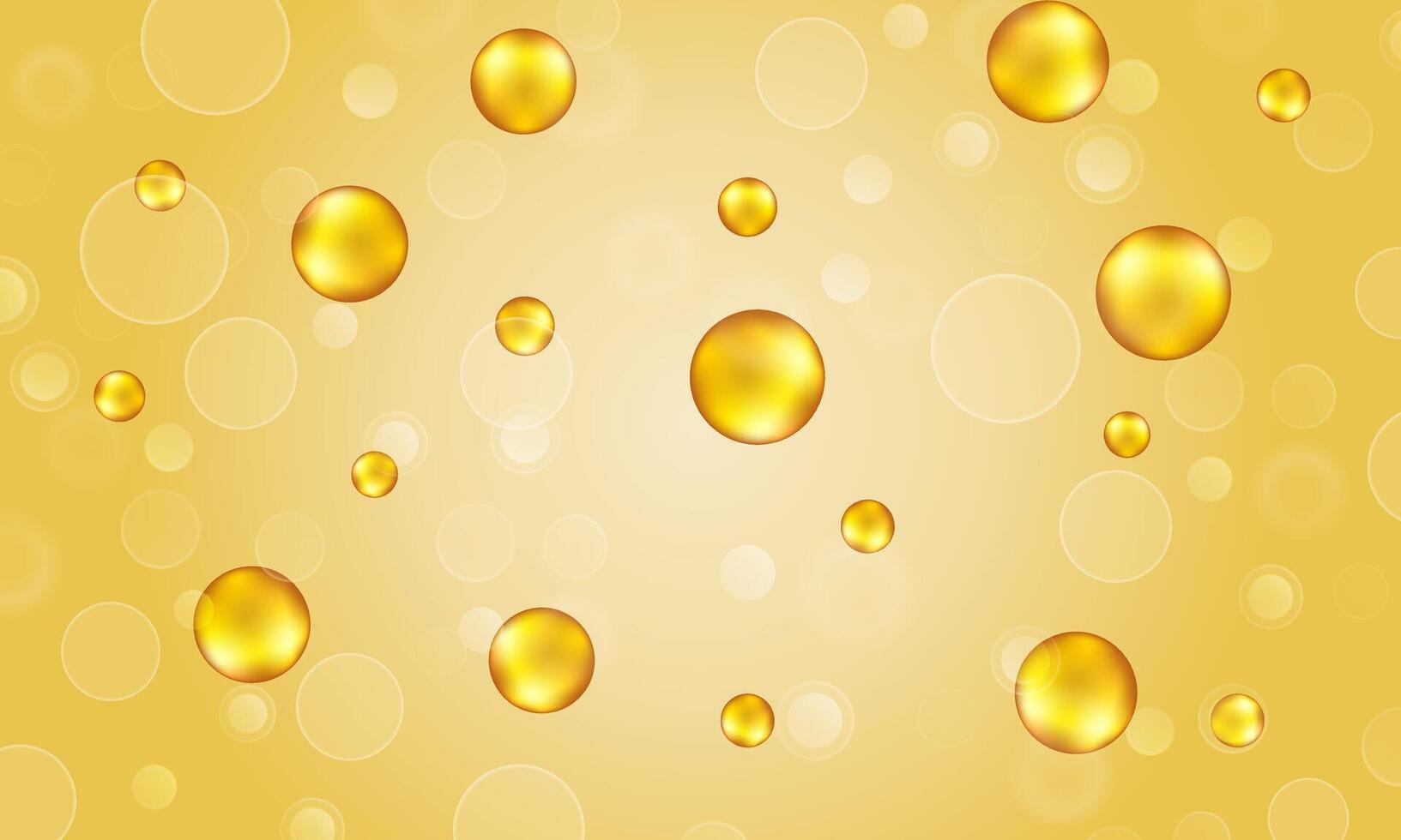 Golden oil bubbles. capsule bubbles. gold circle. yellow gradient background. vector