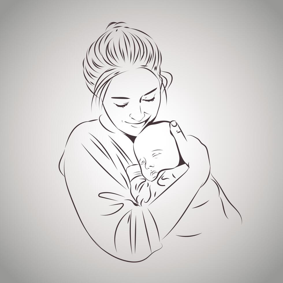 Mother and baby line art vector