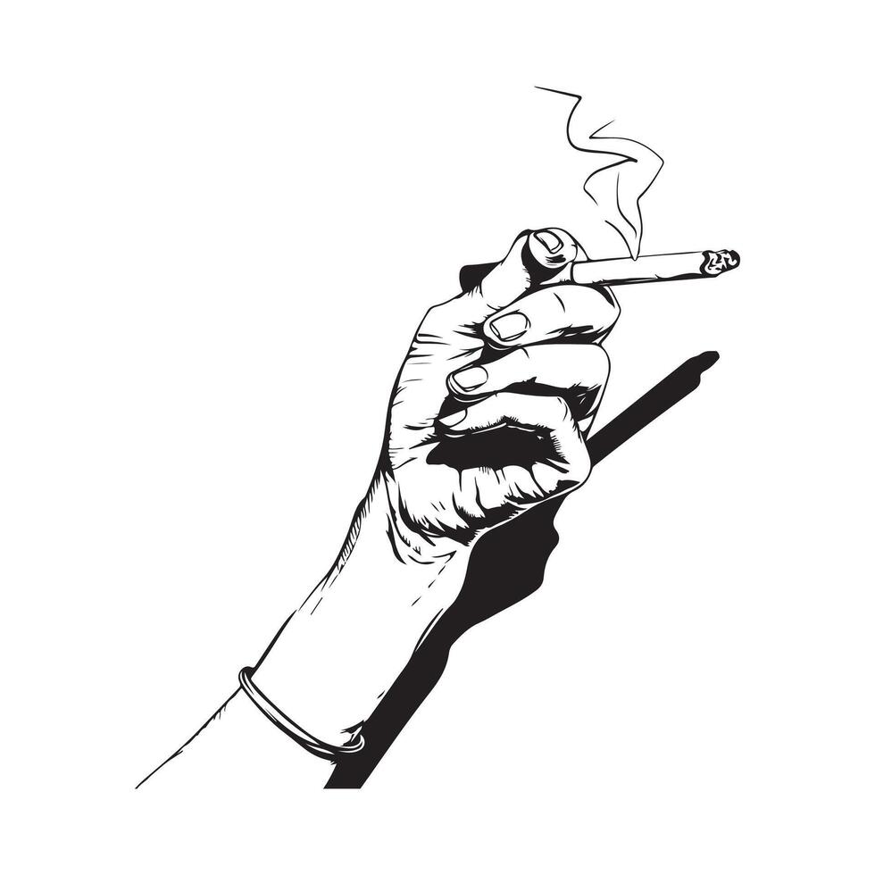 Hand holding cigarette in line art, sketch style. isolated on white background vector