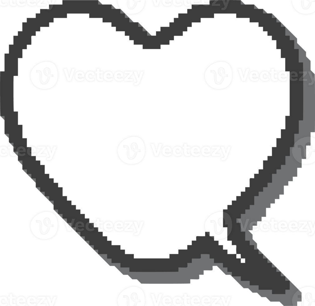 Pixel speech bubble for game design and chart. Retro chat box for dialog comment and messages. Conversation balloon heart shape. 8 bit cartoon element png