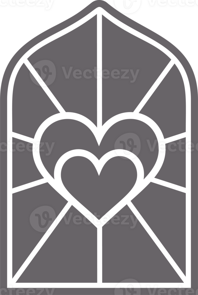 Church glass window. Gothic arch frame with medieval symbol. Vintage architecture element. Stained mosaic decoration with heart png