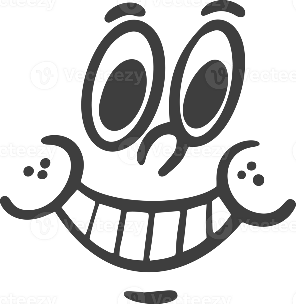 Cartoon retro face. Vintage mascot with comic cute eyes and mouth. Funny happy smiling character expression. 30-50s design emotions element. Simple caricature head png