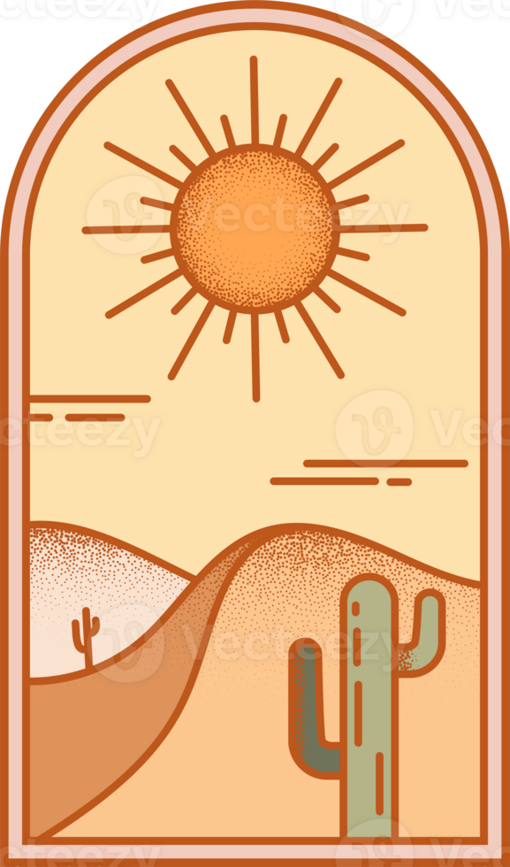 Desert boho logo with sun and mountains. Abstract bohemian textured illustration with cactus and minimal landscape. Arch and window. Design element for poster and decoration png