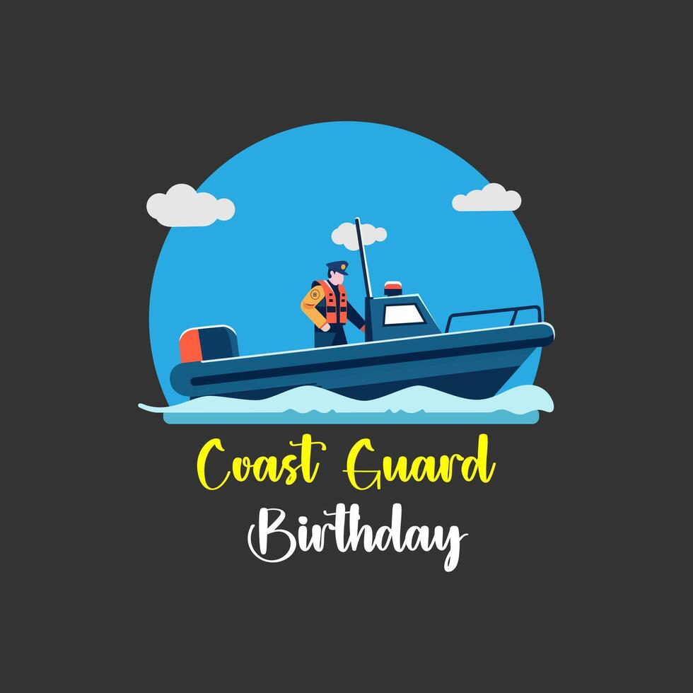 Flat Design Coast Guard Speed Boat Illustration. This flat design illustration features a simple coast guard on a speed boat, perfect for a coast guard themed birthday celebration. Bright and cheerful vector
