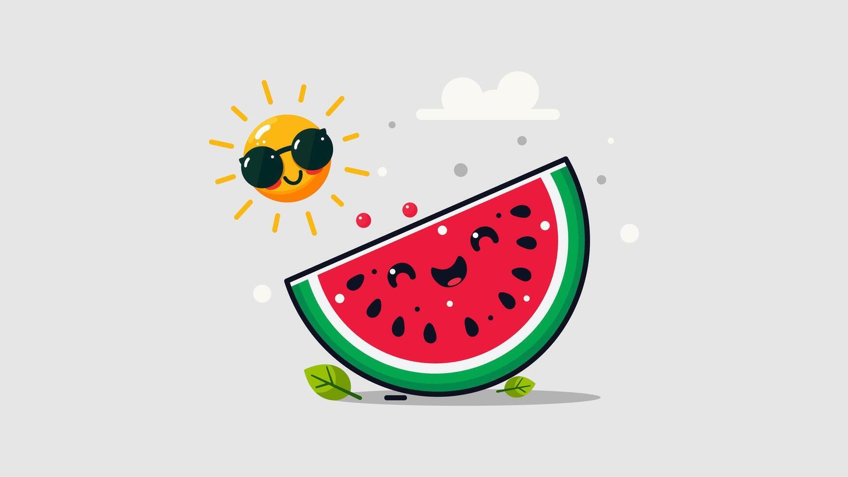 Cute Watermelon Character and Sunrise Flat Design. This charming design features a cute watermelon alongside a sunrise, creating a warm and playful vibe. Ideal for summer-themed and cheerful visuals vector