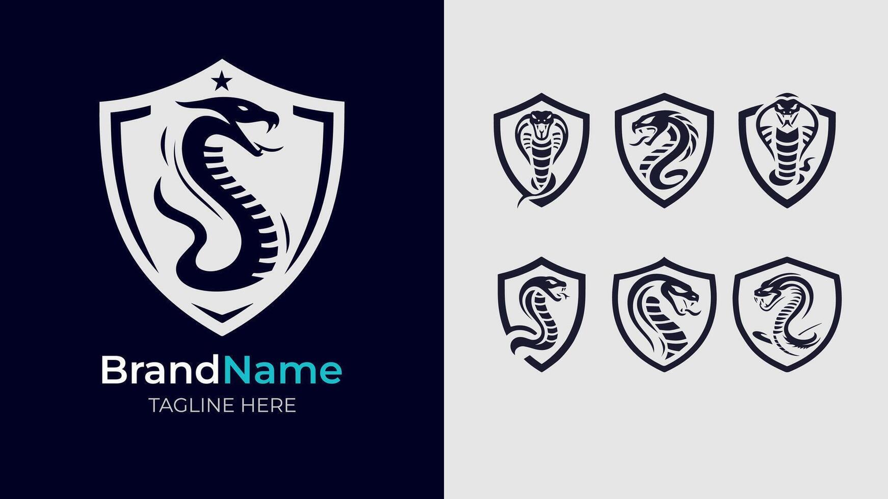 Discover our elegant monochrome cobra logos, perfectly encased in a shield design. Customize with your name and tagline for a powerful brand identity vector