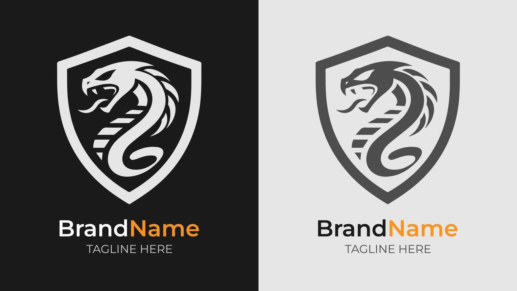 Discover our elegant monochrome cobra logos, perfectly encased in a shield design. Customize with your name and tagline for a powerful brand identity vector