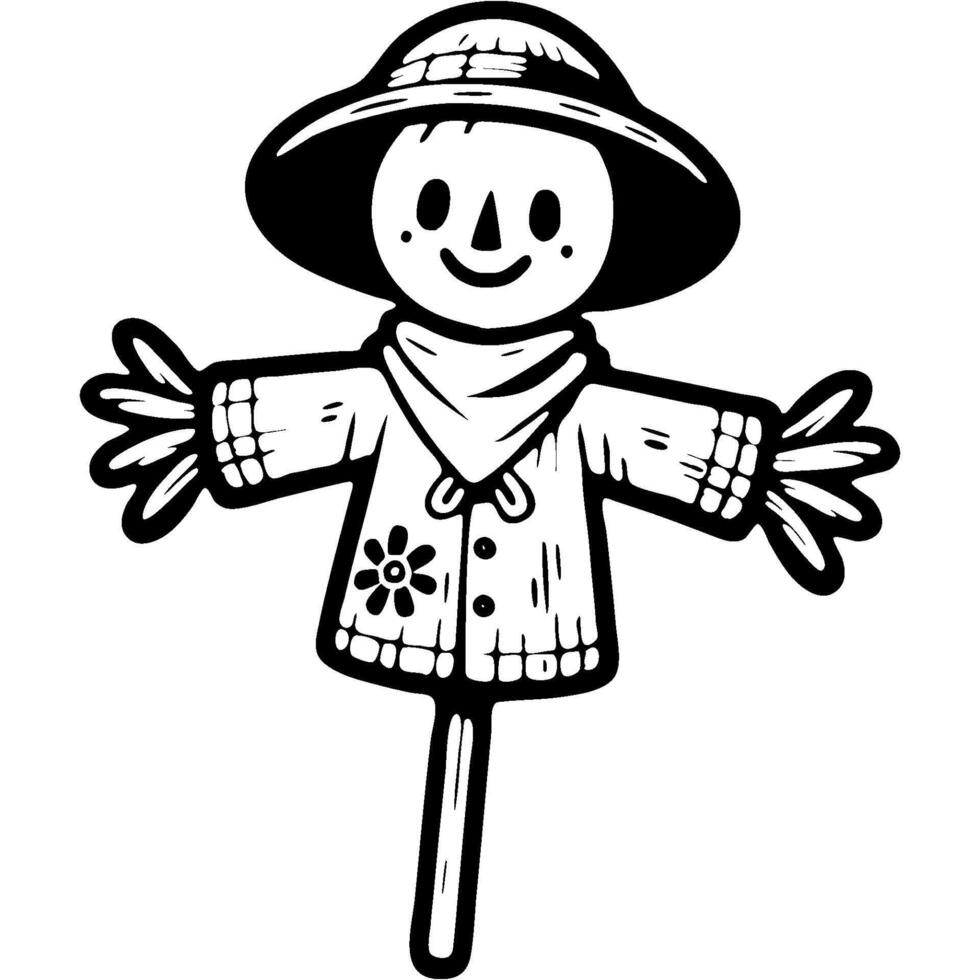 Cheerful Farmer Scarecrow in Straw clothes and hat in monochrome. Garden doll for scaring away birds in garden beds. Simple minimalistic in black ink drawing on white background vector