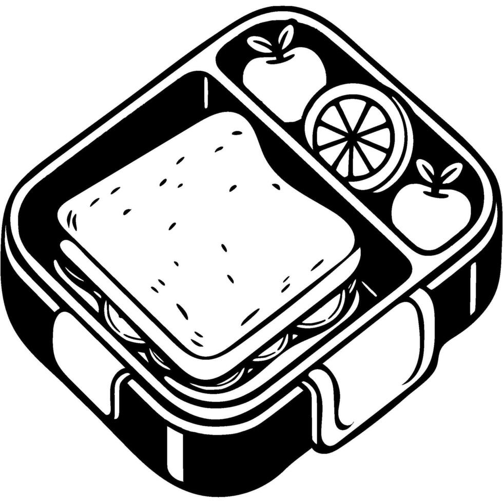 Lunchbox divided into sections with sandwich and fruit in monochrome. Simple minimalistic in black ink drawing on white background vector