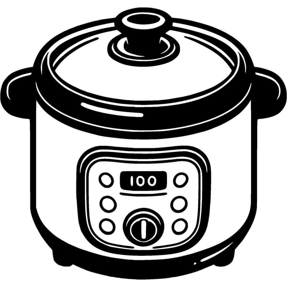 Modern pressure cooker with electronic dial in monochrome. Fast cooking device. Simple minimalistic in black ink drawing on white background vector