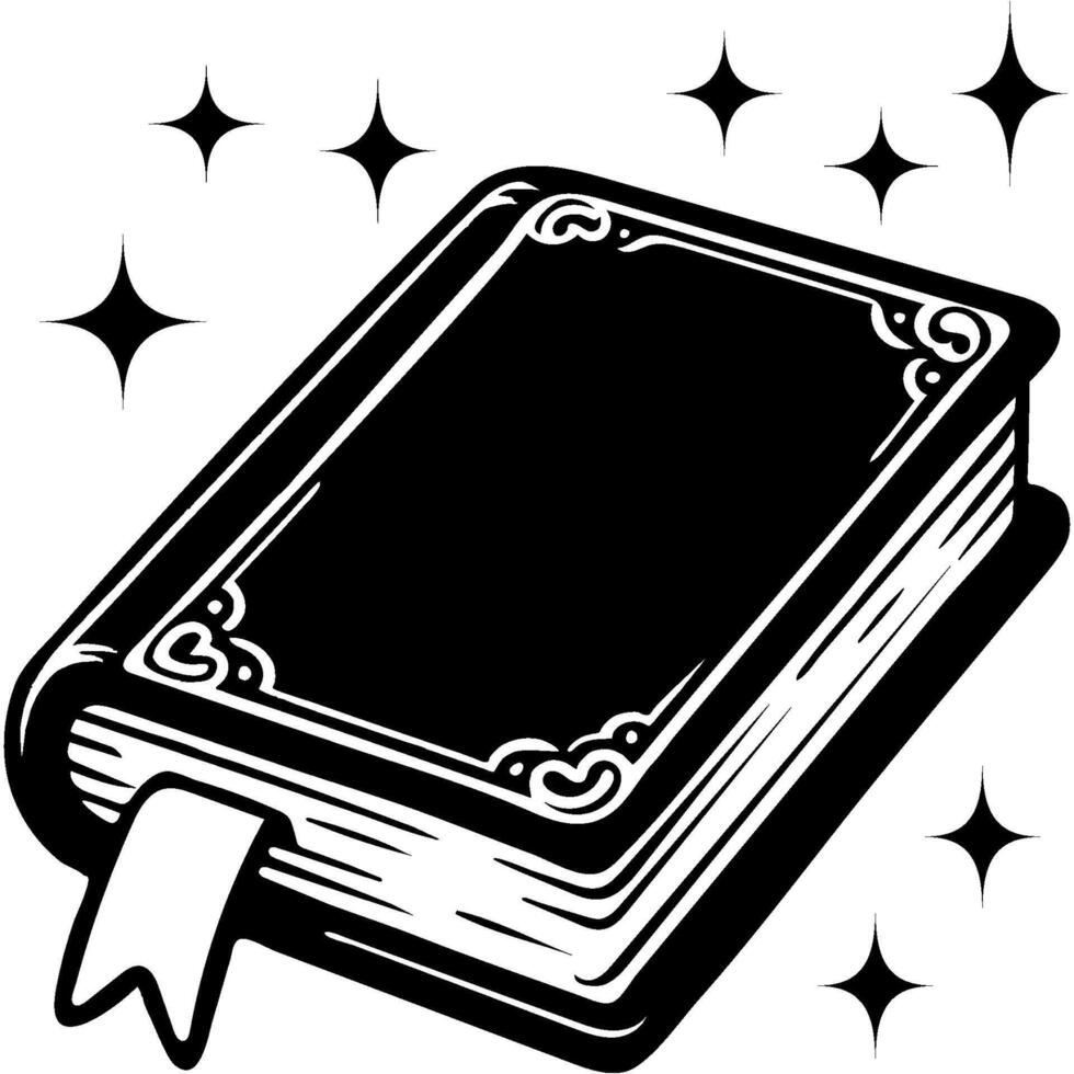 Closed fairy tale book with bookmark and hardcover in monochrome. Simple minimalistic in black ink drawing on white background vector
