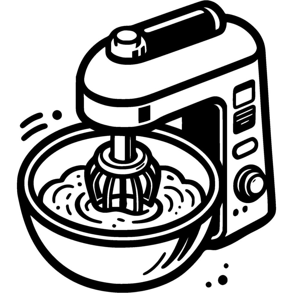 Food processor beats dough in deep bowl with whisk in monochrome. Simple minimalistic in black ink drawing on white background vector