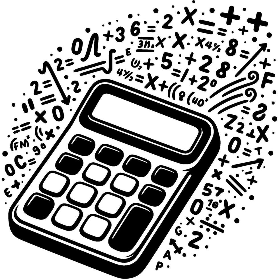 Push button calculator exploded with mathematical formulas in monochrome. Simple minimalistic in black ink drawing on white background vector
