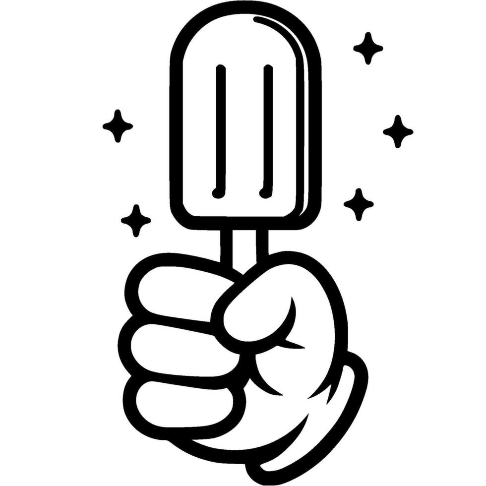 Child hand holding popsicle on stick in monochrome. Simple minimalistic in black ink drawing on white background vector