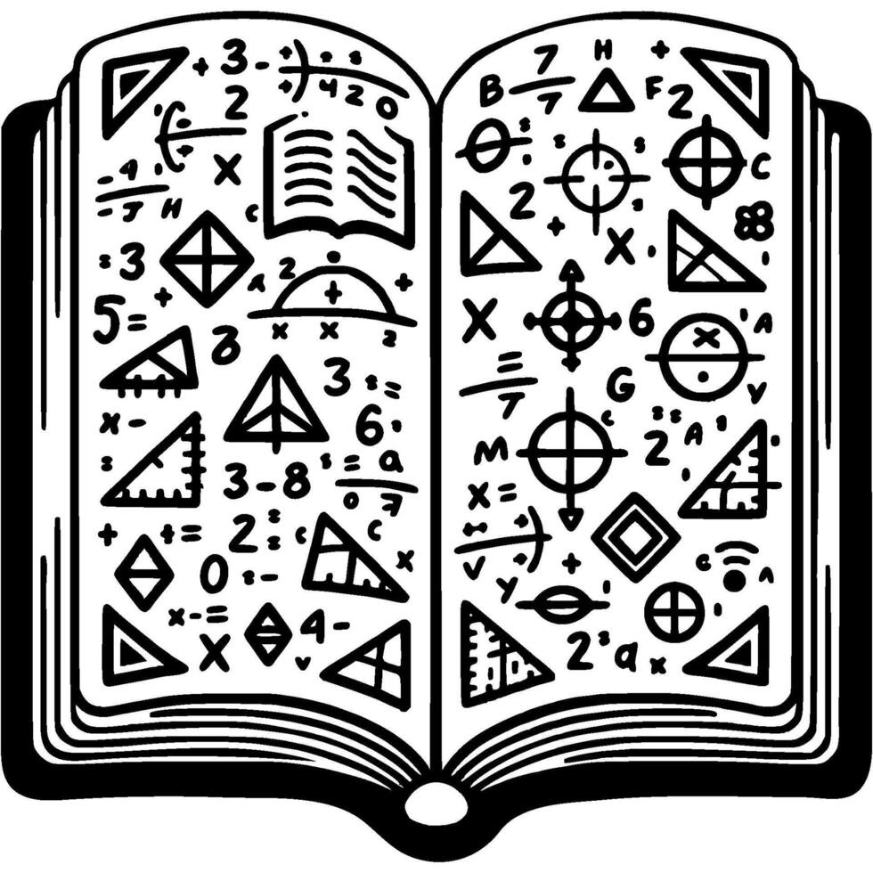 Open textbook on geometry with drawings and formulas in monochrome. Simple minimalistic in black ink drawing on white background vector
