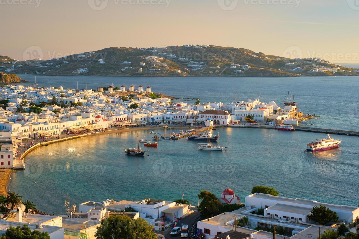 Mykonos island port with boats, Cyclades islands, Greece photo