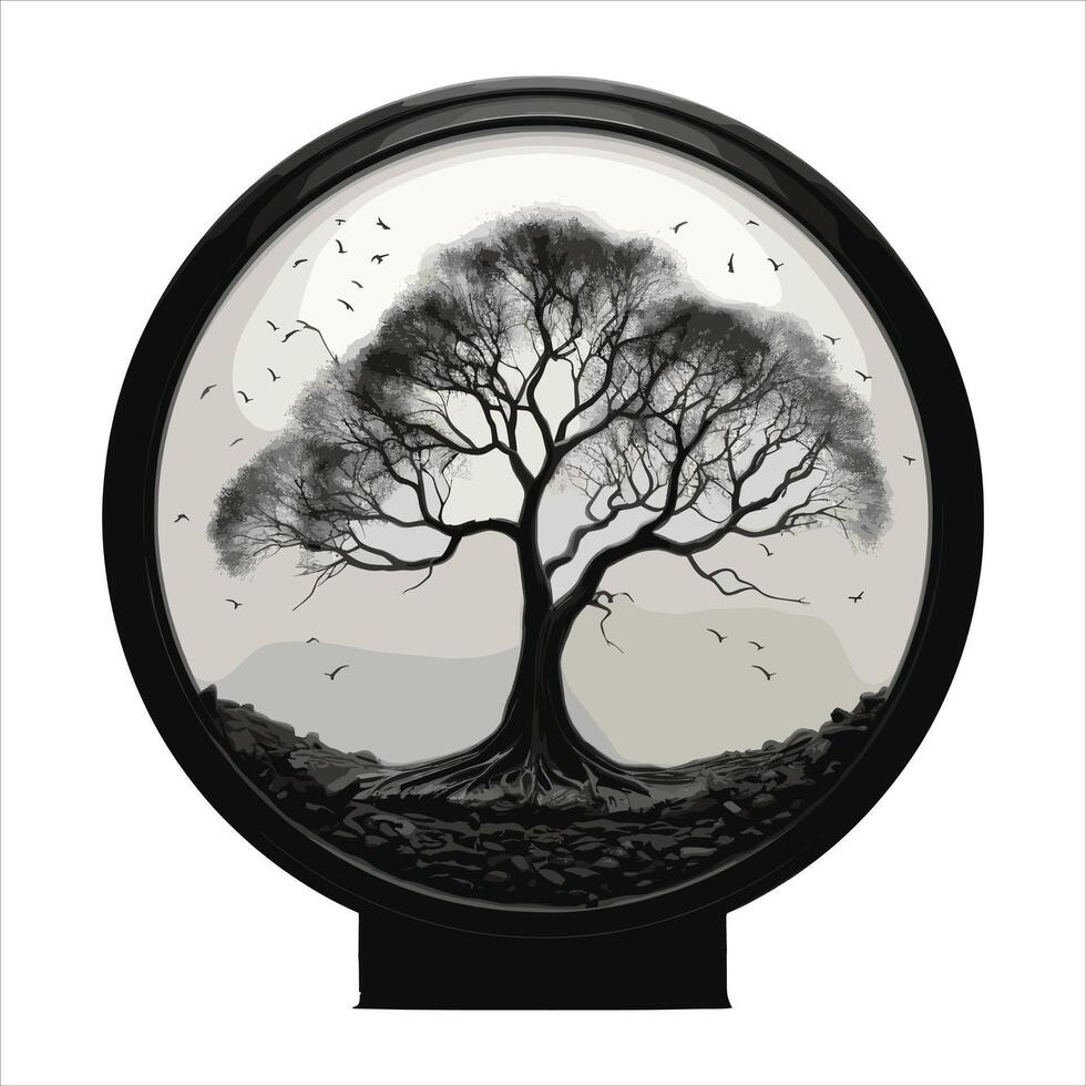Circular silhouette of a majestic tree art style roots gripping tightly into the earthPrint vector