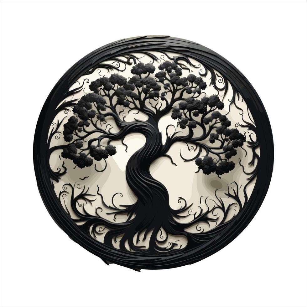 Circular silhouette of a majestic tree art style roots gripping tightly into the earthPrint vector