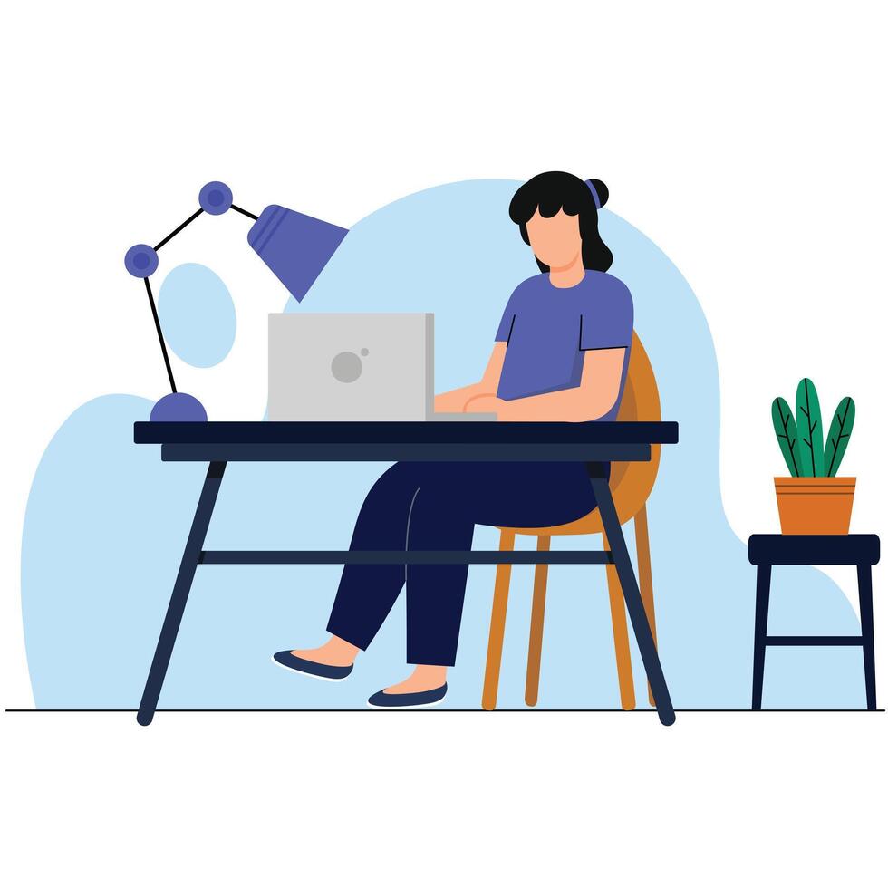 simple flat style women study at laptop sit on table and chair vector