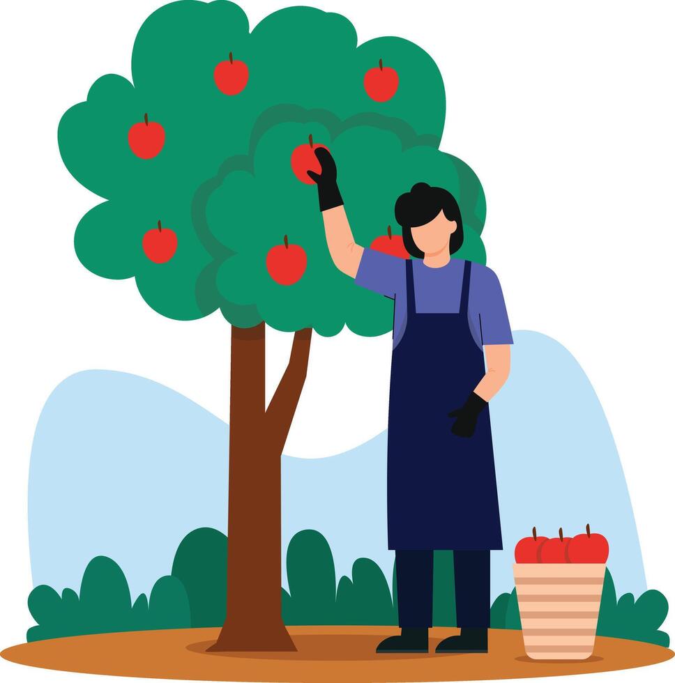 farmer women after get a apple in farm simple flat design vector