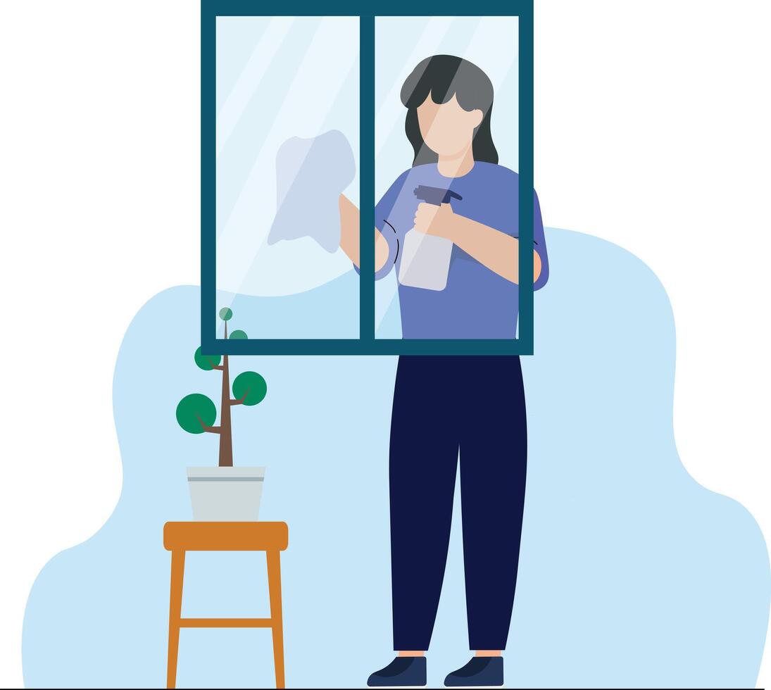women cleaning a glass window simple flat design style vector