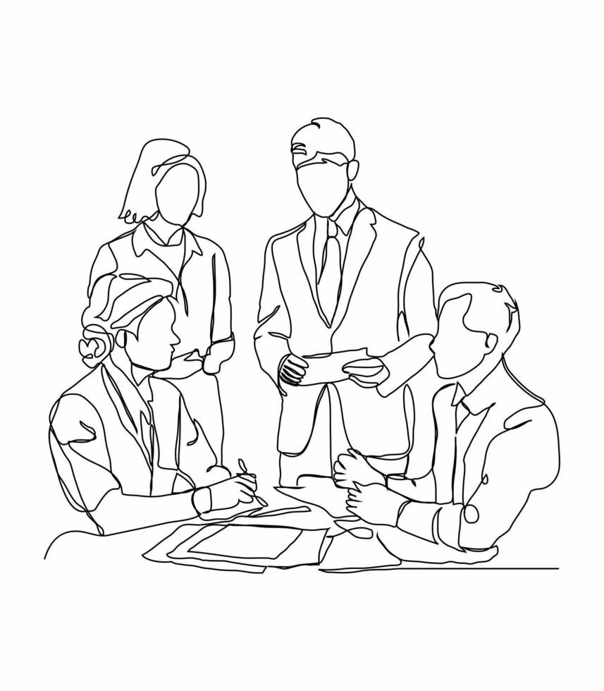 Continuous one line art of young business man and business woman discussing project. vector