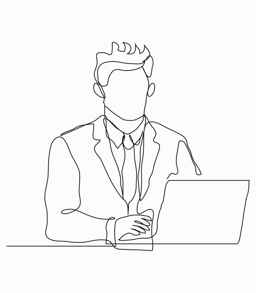 One line drawing of a businessman working with a laptop vector