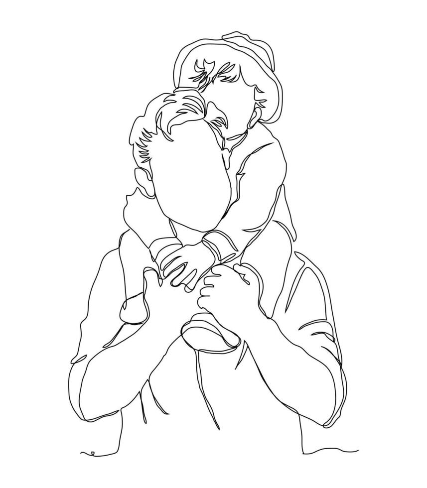 Continuous line art of a father and his son vector