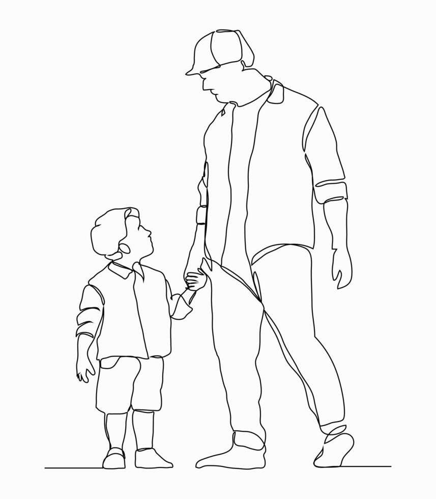 Continuous line art of dad and son walk together holding hands vector
