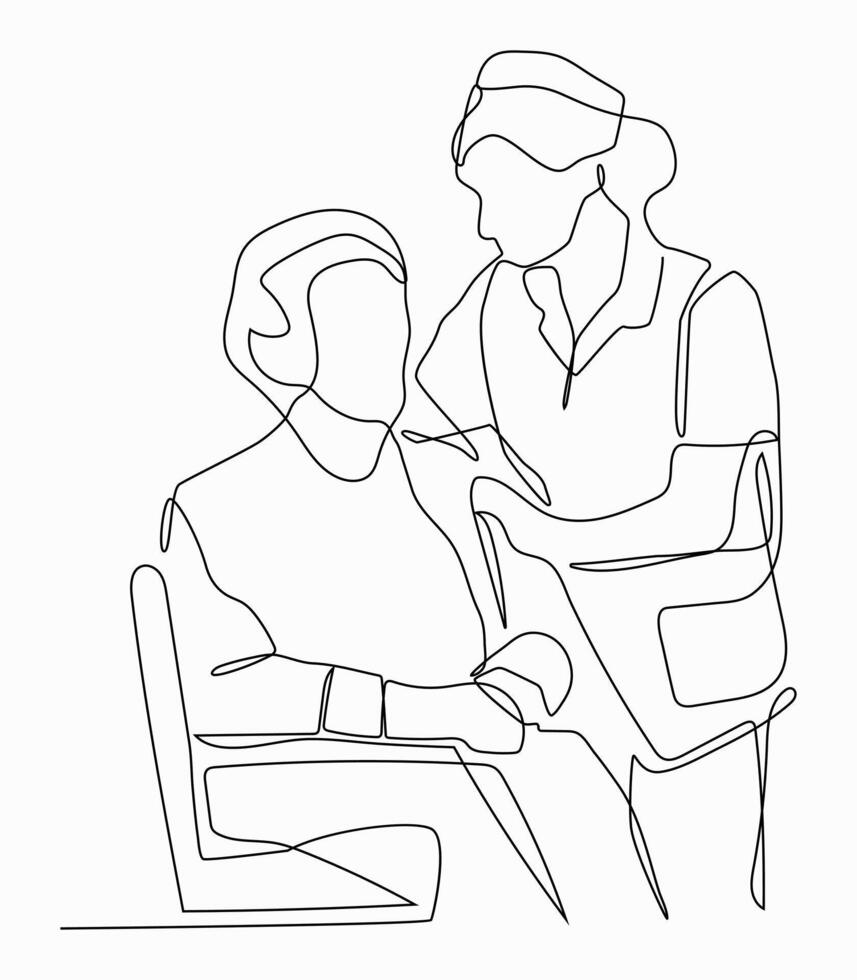 Continuous one line art of talking a nurse and a patient, vector