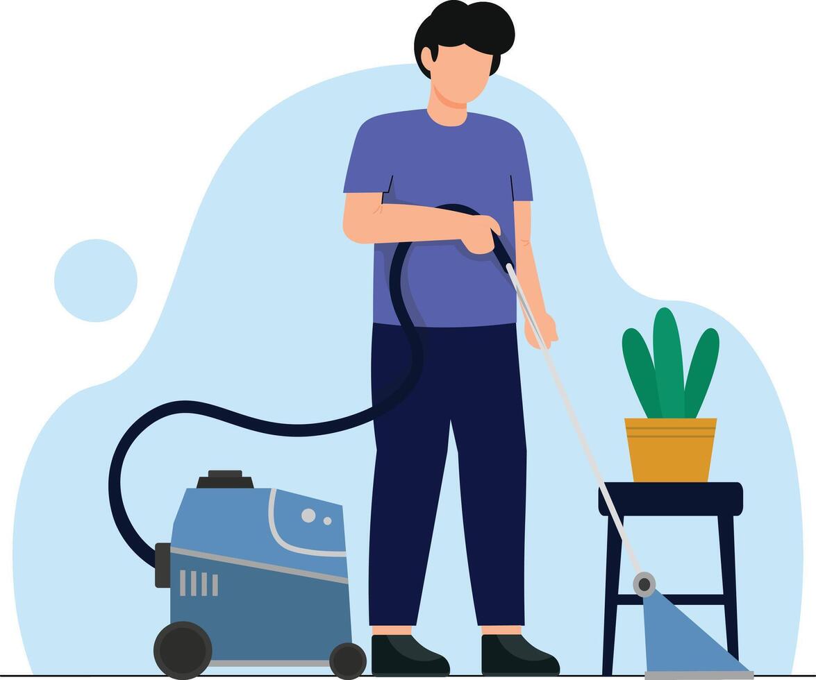 man using vacuum cleaner simple flat style design vector