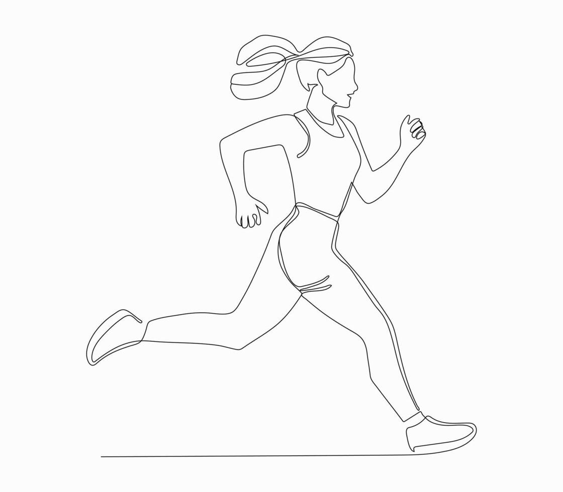 Continuous one drawn line silhouette running athlete girl in a competition vector