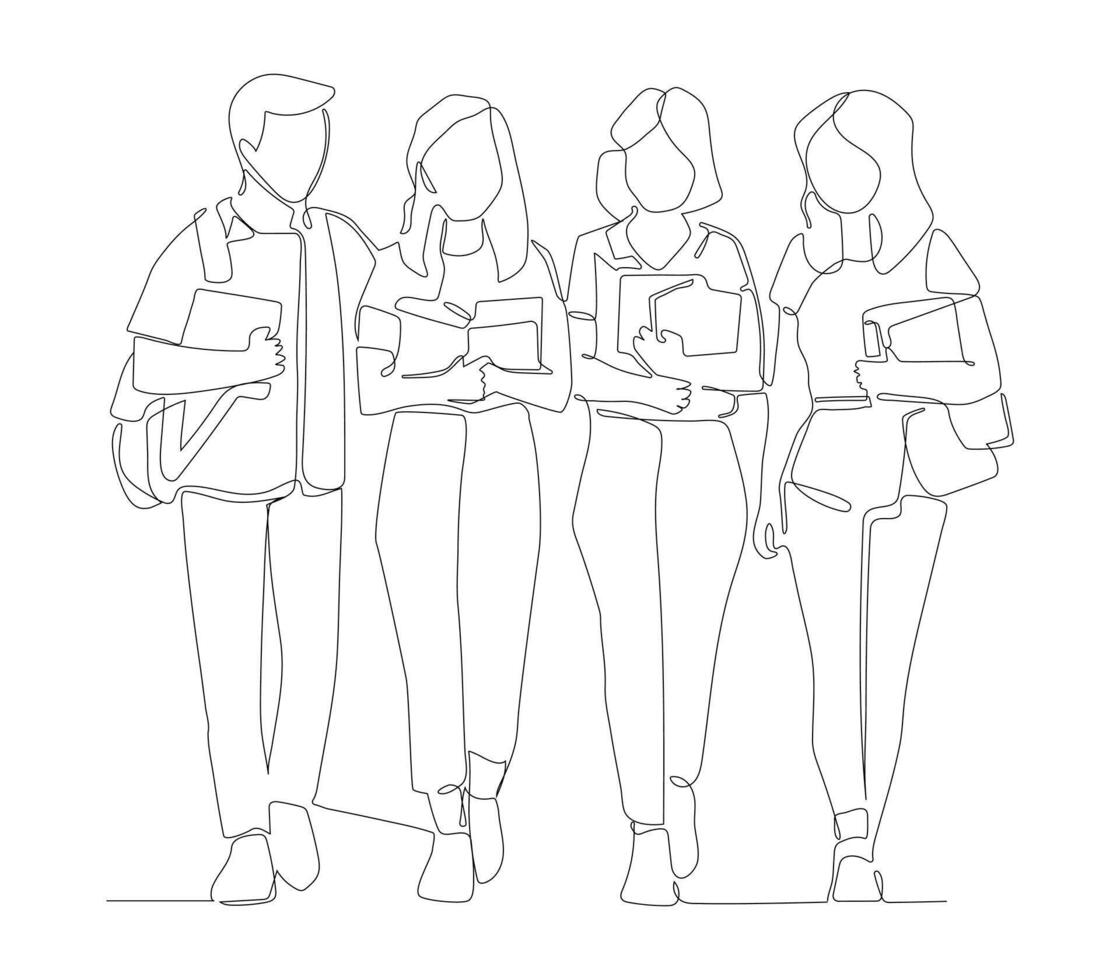 Continuous one line art of friends group students. vector