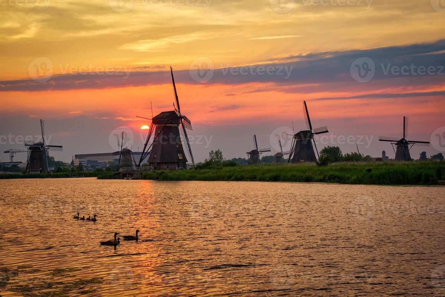 Netherlands rural lanscape with windmills at famous tourist site Kinderdijk in Holland on sunset with dramatic sky photo