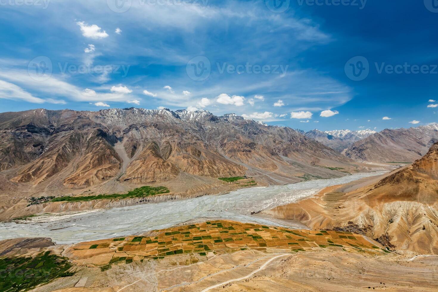 View of Spiti valley and Spiti river in Himalayas. photo