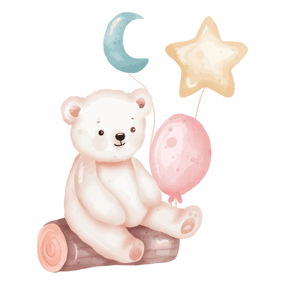 Watercolor Teddy Bear with Balloons and Log png