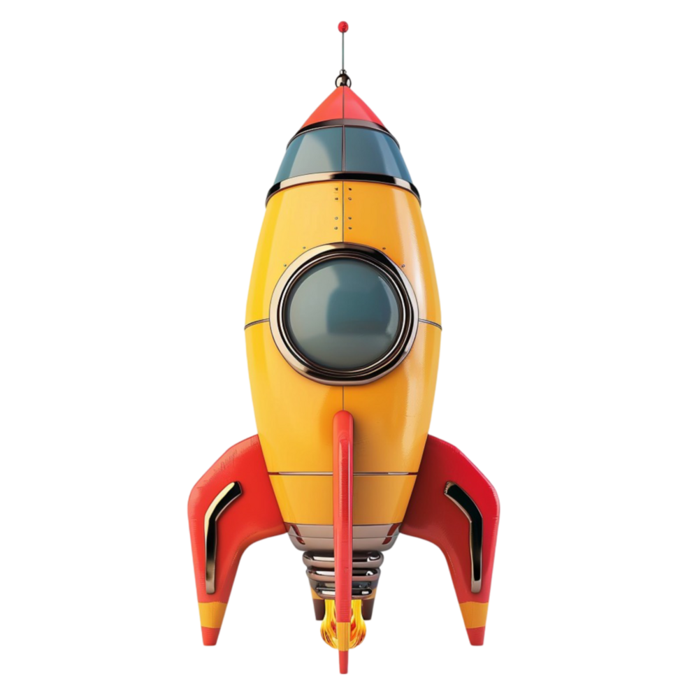 Stylized Rocket with Yellow Body, Red Fins, and Blue Nose Cone on Transparent background AI-Generative png