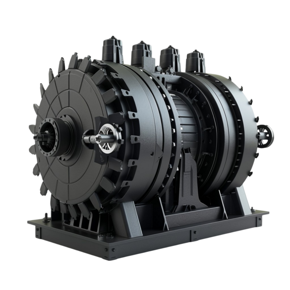 Large Industrial Electric Motor with Black Metal Gears Mounted on Transparent background AI-Generative png