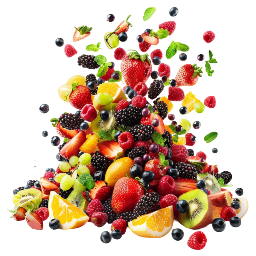 Fruit Salad with Fresh Fruits and Berries Falling from the Sky on Transparent background AI-Generative png