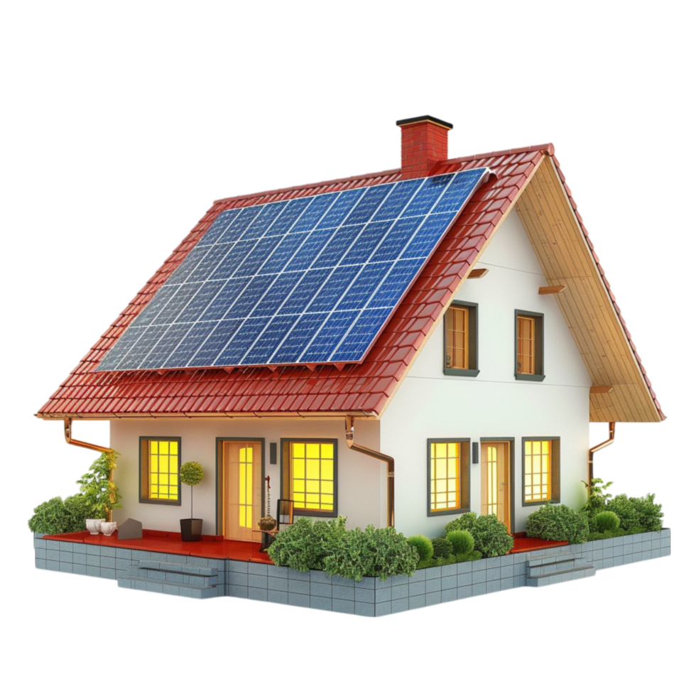 3D Rendering of White House with Red Roof, Solar Panels, and Chimney on Transparent background AI-Generative png