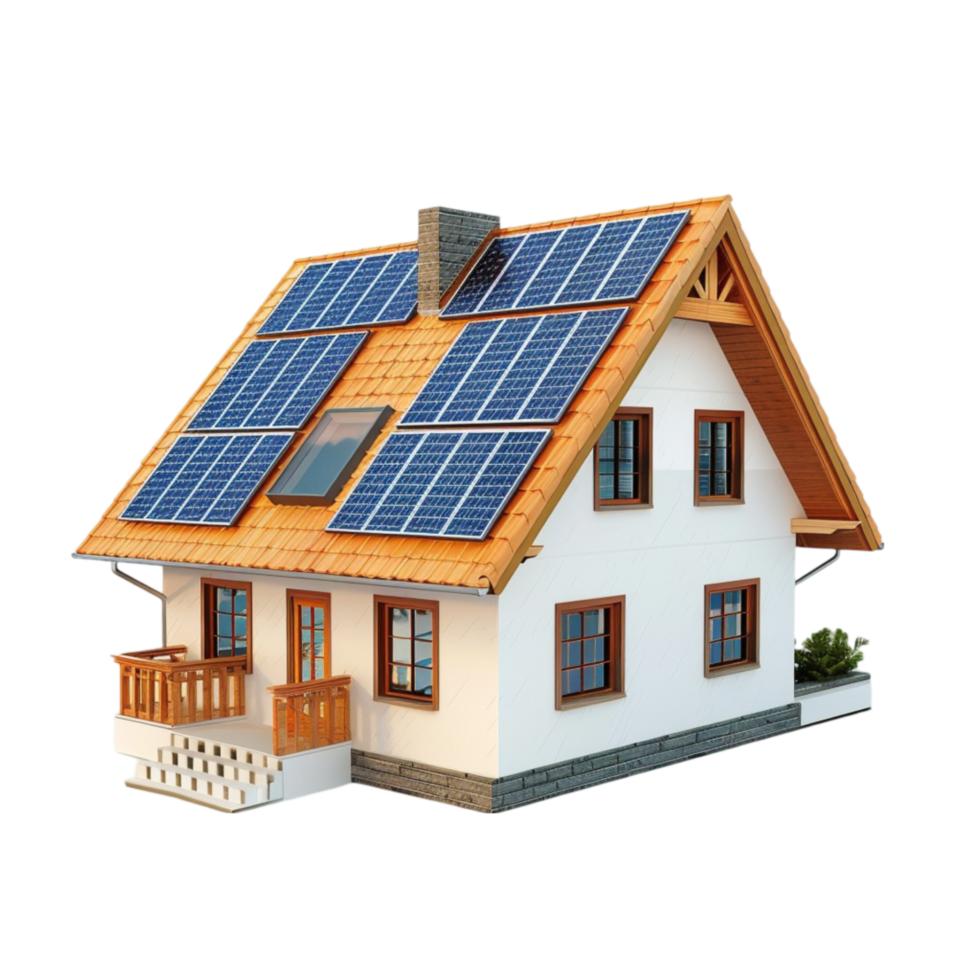 3D Model of House with Solar Panel Roof and Small Garden on Transparent background AI-Generative png