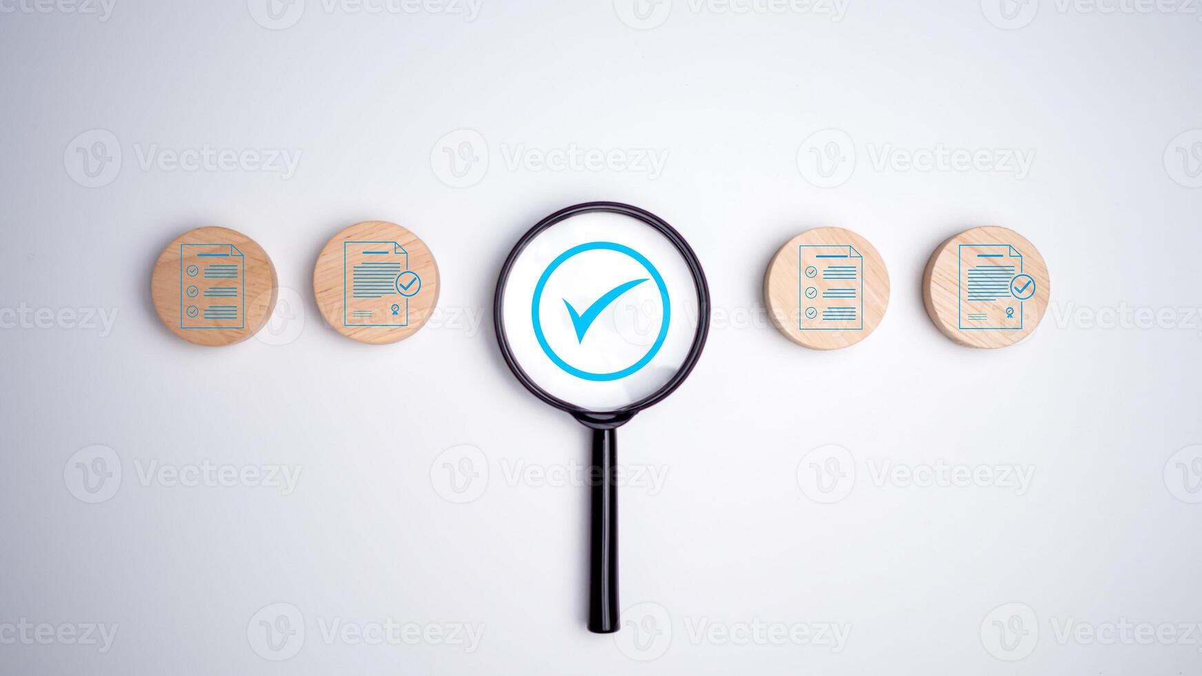Document icon which print screen on wooden circle plank for prepare check and approve document, Quality assurance and ISO guarantee concept, Document management digital file data online. photo