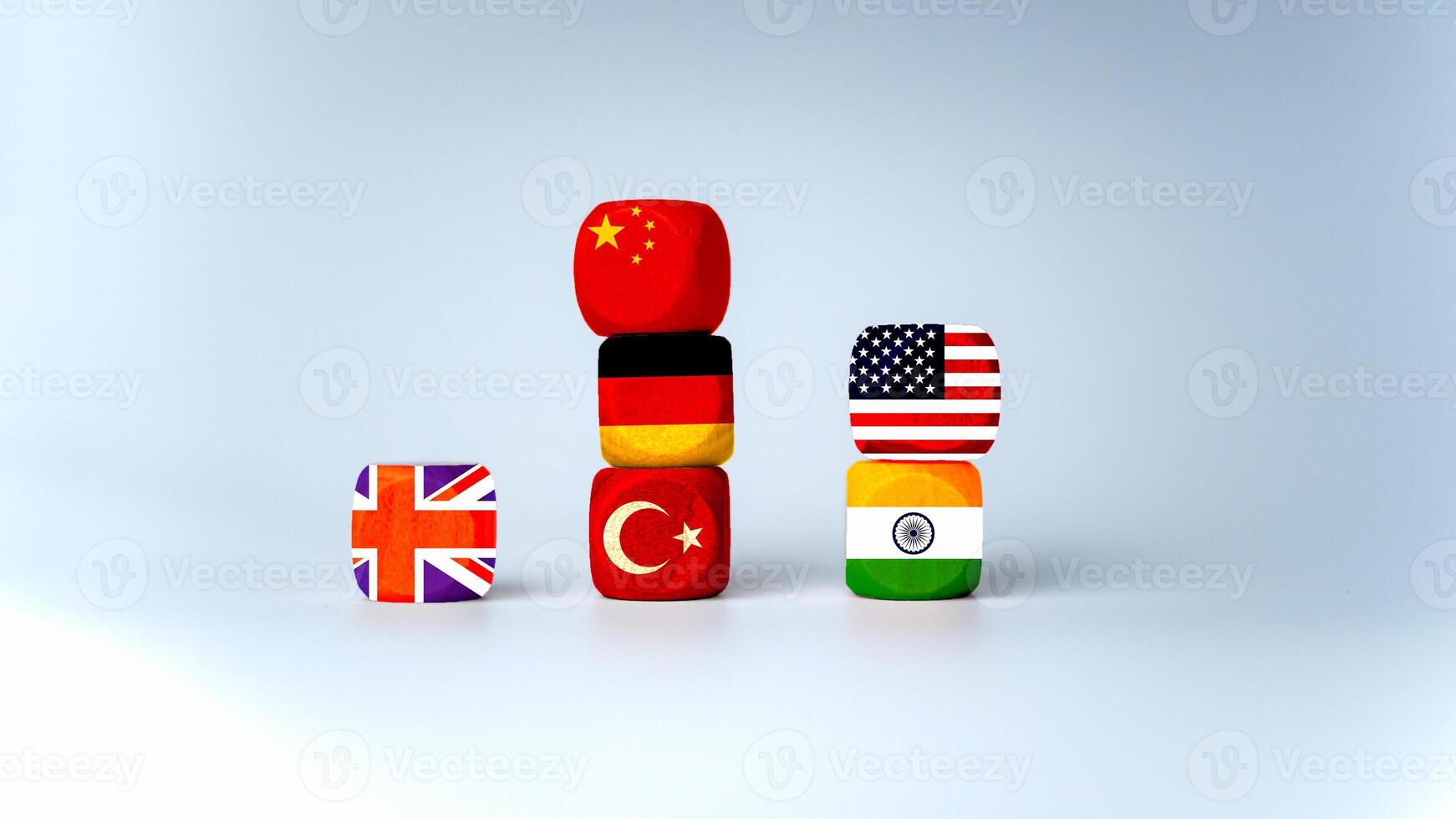 Screen printed USA flag and China flag on wooden cube, showing trade competition and tariff barriers, trade war between USA and China, global trade competition. photo