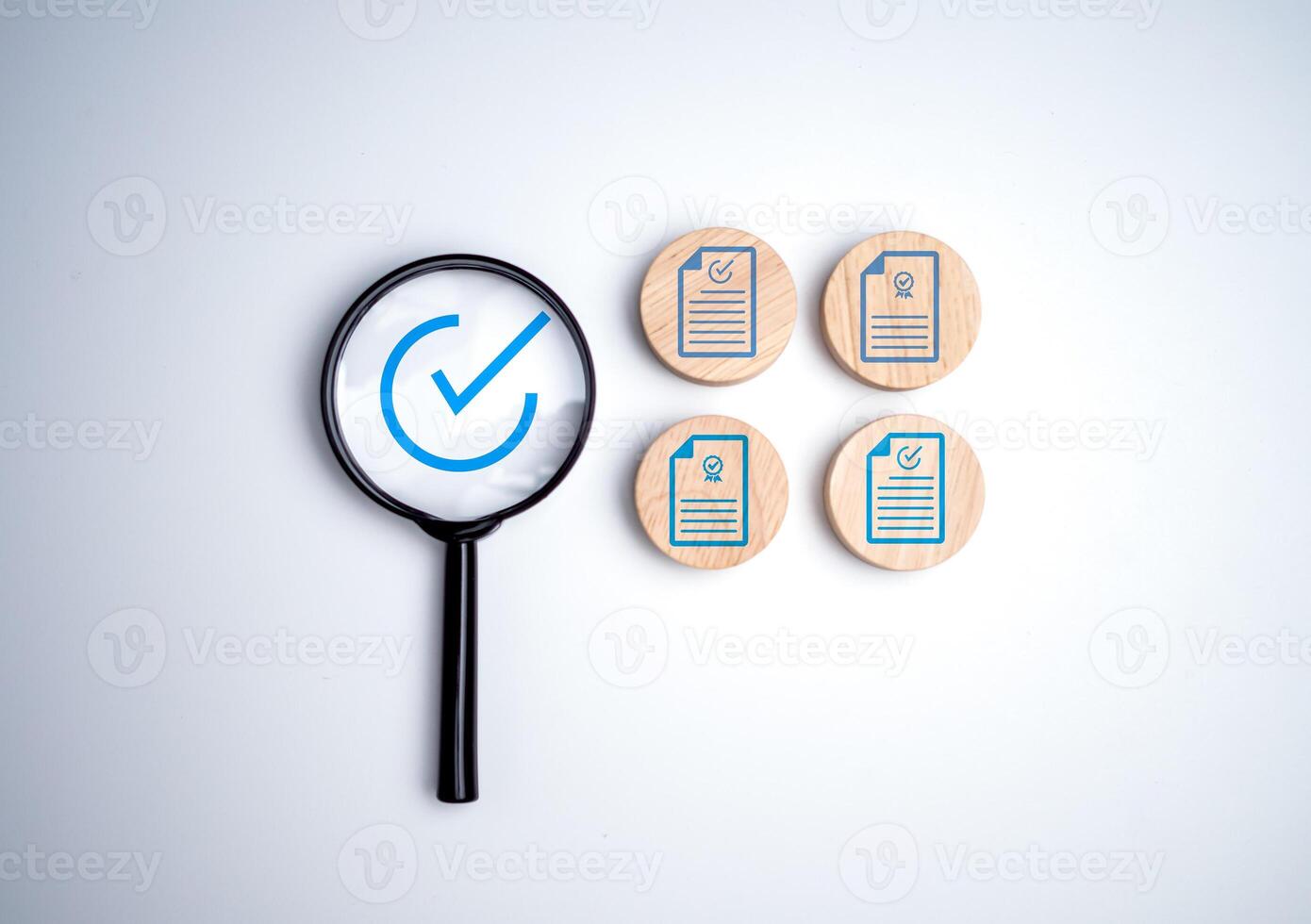 Document icon which print screen on wooden circle plank for prepare check and approve document, Quality assurance and ISO guarantee concept, Document management digital file data online. photo