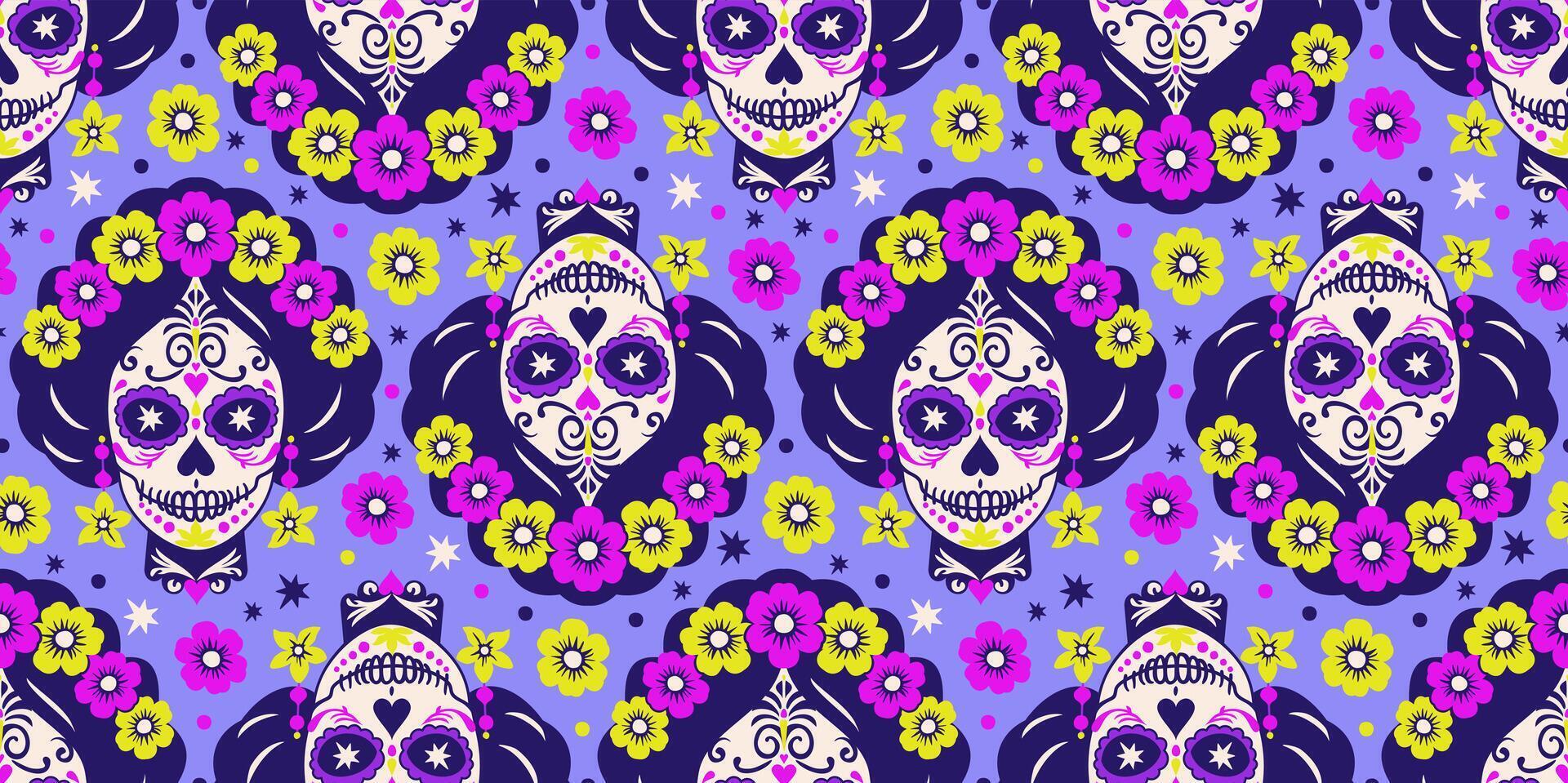 Bright seamless pattern with sugar skulls. Catrina head. Mexican Day of the Dead vector